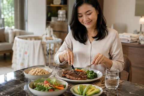 Seorang ibu menikmati steak daging sapi