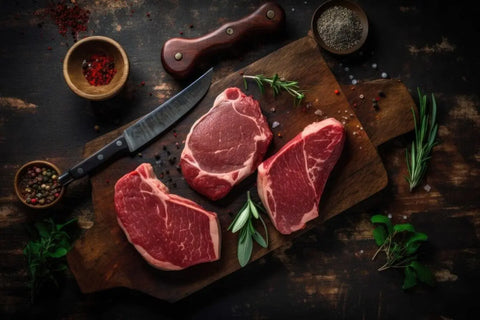 potongan daging sapi segar di atas talenan kayu dengan pisau dan bumbu pelengkap
