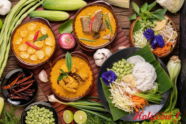 makanan bersantan dan sayuran di atas meja