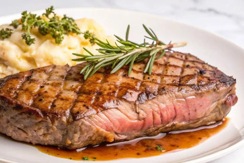 Grilled steak dengan mashed potato dan rosemary